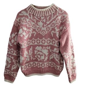 Vintage Sugar Co LtD Hand Knit Floral Knit Pink and White Sweater 100% Acrylic